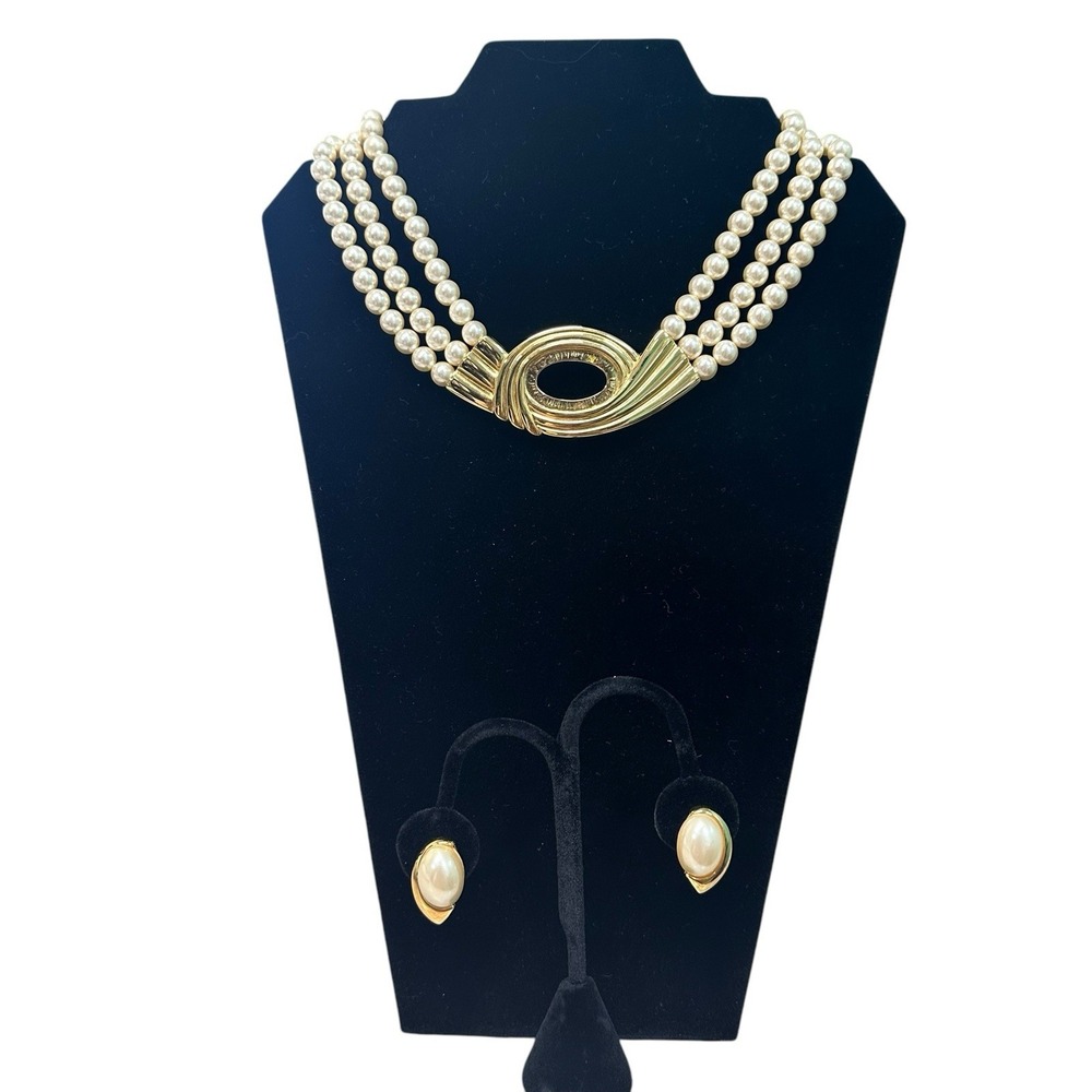 Vintage Napier Faux Pearls Gold Tone Bib Necklace Choker With Clip Earrings Glam